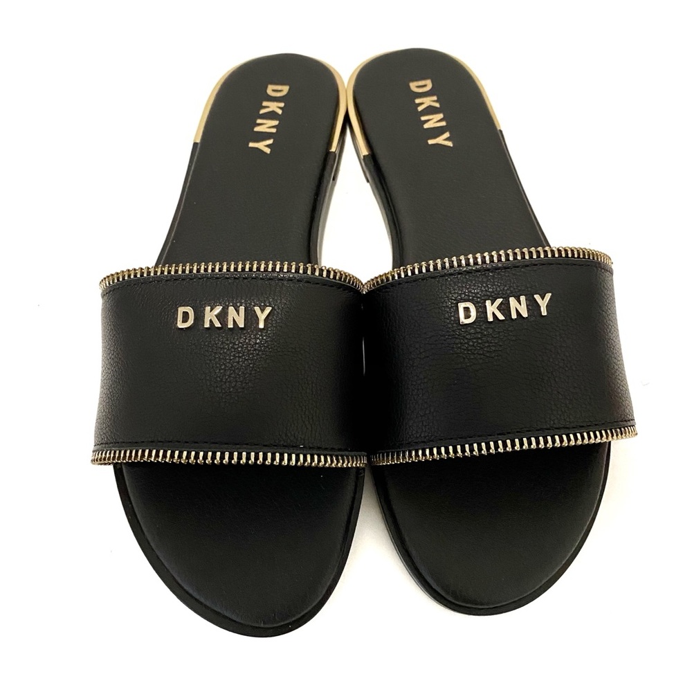 DKNY Black Gold Whit Flats Leather Sandals